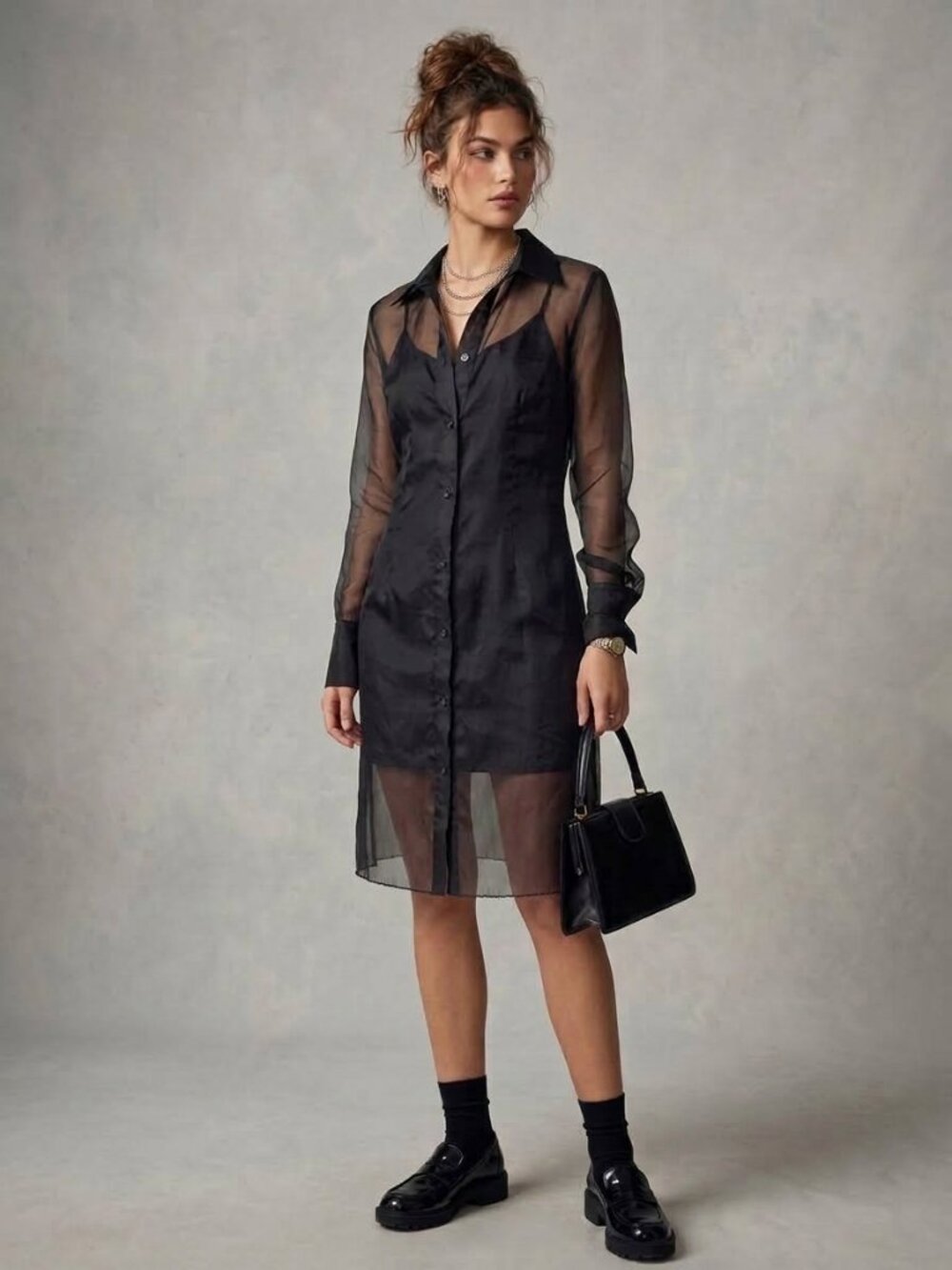 Vintage 90s La Belle Sheer Black Organza Button-Up Longline Shirt Dress Size L